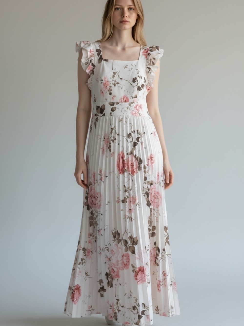 Square Neck Floral Maxi Dress with Ruffle Sleeves - White/Pink